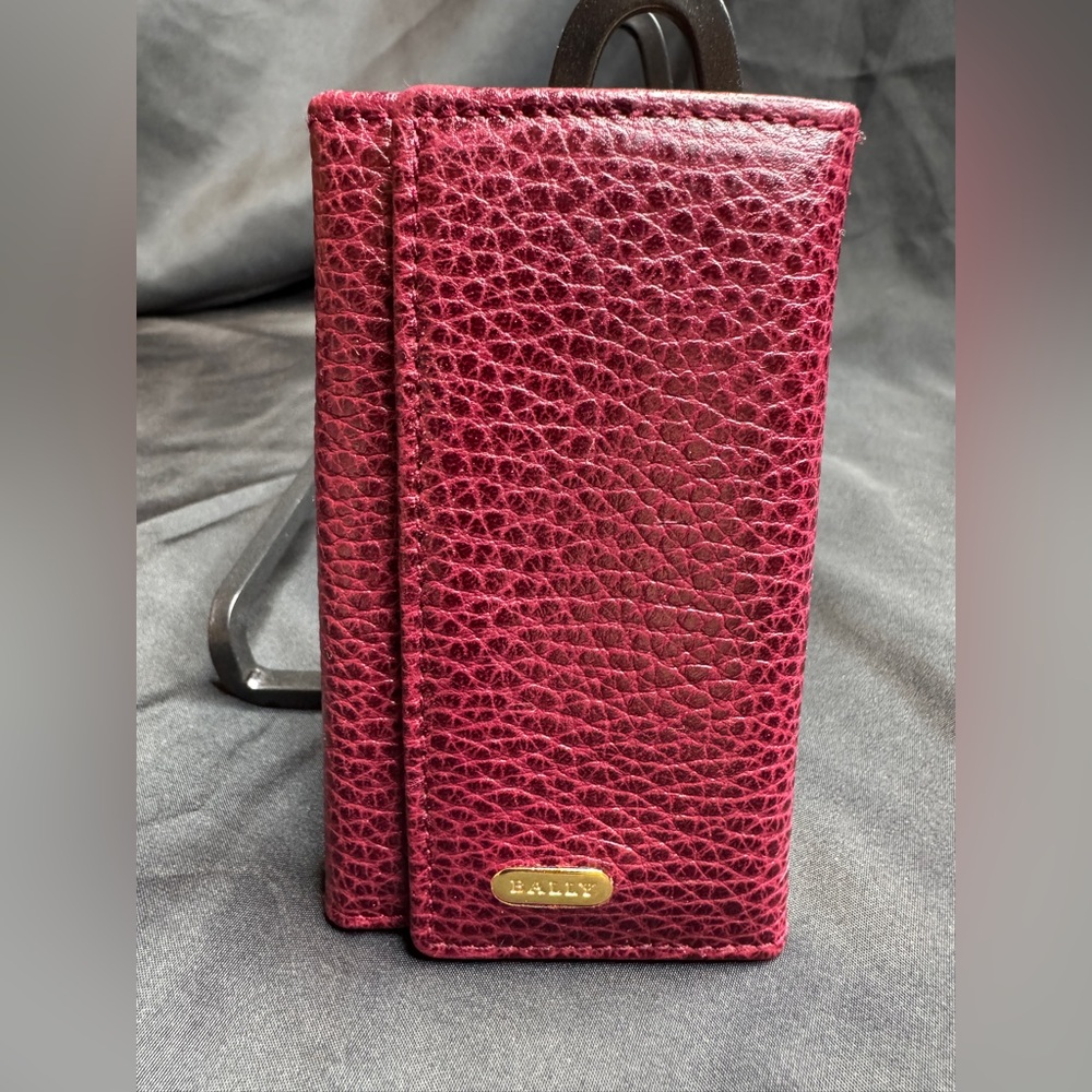 Bally Pebbled Leather Card/Keyholder Wallet in Raspberry Red with Gold Accent